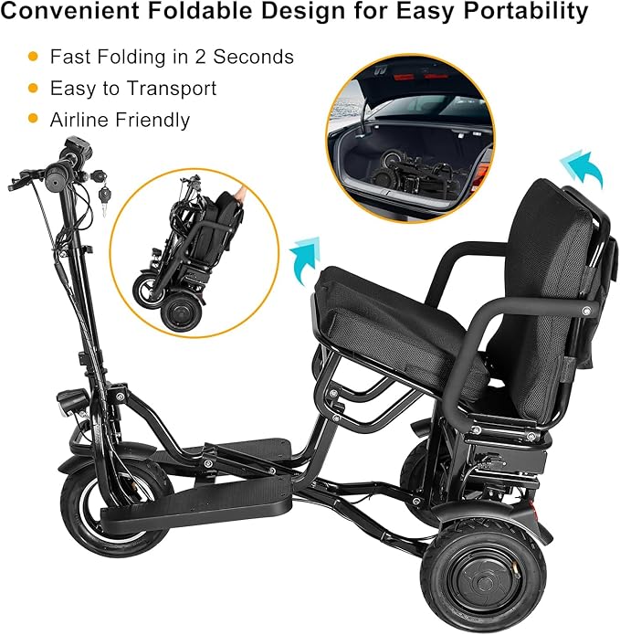 3-Wheel Foldable Mobility Scooter for Adults and Seniors, 300 lbs Capacity, Long-Range Lithium Battery, Lightweight with Basket, Attached Airline Battery