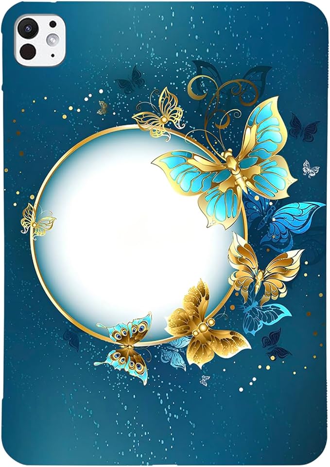 Dteck for iPad Pro 11 Inch (M4/M5) Ultra Thin Case 2024/2025 Release, Cute Cartoon Lightweight Soft Silicone TPU Slim Tablet Cover, Protective Shockproof Scratch Resistant Shell, Gold Blue Butterfly