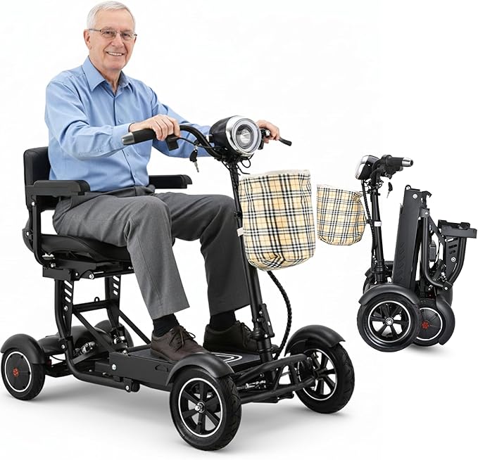 Dragon Mobile EX 4 Wheel Foldable Mobility Scooter for Adults, Elderly & Travel - All Terrain Aluminum Alloy Power Wheelchair with Premium Large Seat - Front Basket Included (Matte Black)
