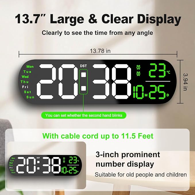 13.7" Large Digital Wall Clock – Remote Control, Dual Alarm, Big LED Display, Auto-Dimming, RGB Night Light, Auto DST – Bedroom, Living Room, Office, Purple,Green
