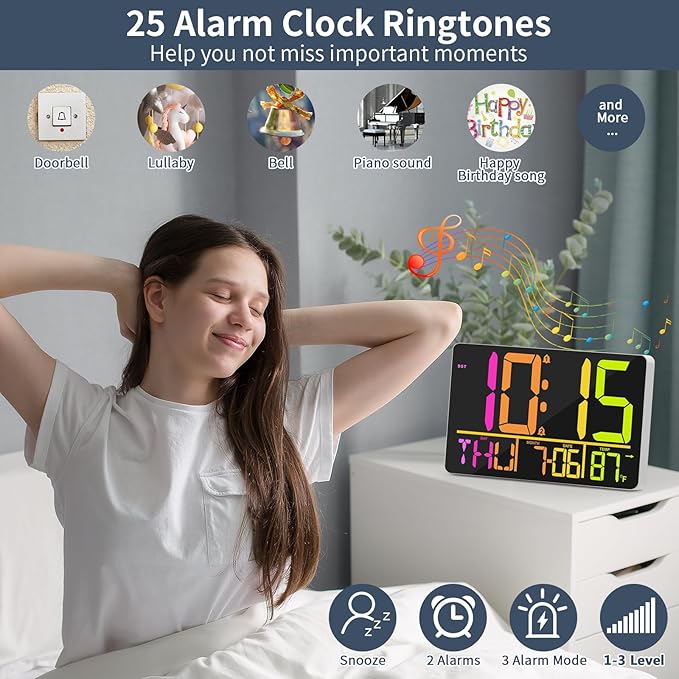 PERSUPER 13" Large Digital Wall Clock with Remote, RGB Color Changing, 25 Ringtones, 0-100% Auto/Custom Brightness, Temperature, Calendar, 12/24H, DST, Timer, for Living Room/Bedroom/Office/Elderly