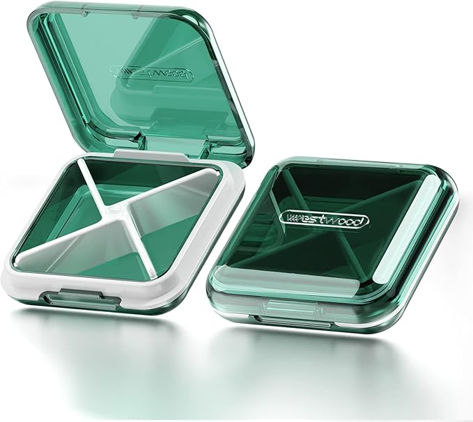 DUBSTAR Small Pill Box for Purse, Moisture Waterproof Travel Pill Case with 4 Compartments, Daily Pill Organizer for Vitamins & Medication (T-Green)