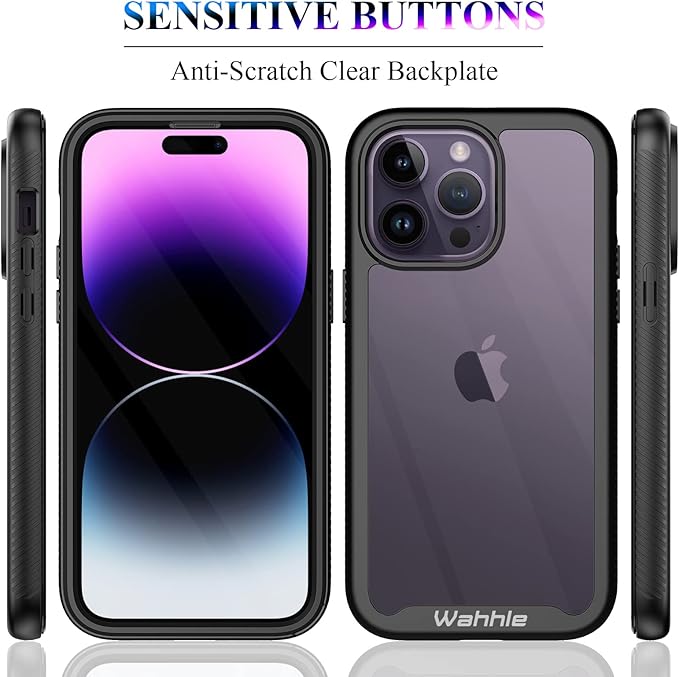 wahhle Compatible with iPhone 14 Pro Max Case, Full-Body Phone Cover with Screen Protector【Built-in, Touch Sensitive, Anti Scratch】 Upgraded Shockproof TPU Bumper Case 6.7 Inches-Black/Clear