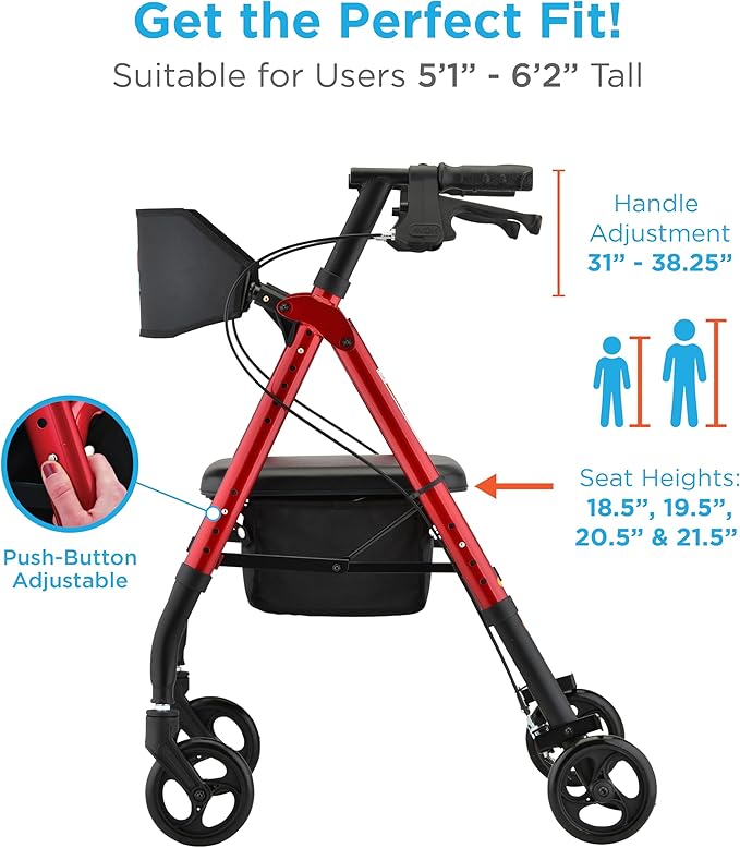 NOVA Star 6 Foldable Rollator Walker for Seniors, Wide Padded Backrest with Seat, 6” All-Terrain Wheels, Easy-Grip Locking Hand Brakes, Height Adjustable, Red