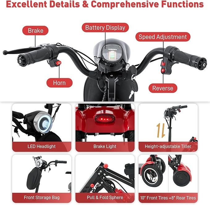 4-Wheel Foldable Electric Scooter All-Terrain Lightweight Folding Mobility Scooter for Adults & Seniors, 25Miles Long Range, 15.6AH Lithium Battery, 3-Speed Mode, Max Load 300lbs (Standard Red)