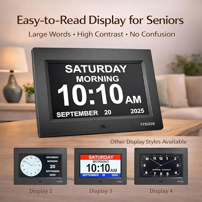 Large Display Digital Dementia Clocks for Seniors, 7'' Day Date Time Calendar Clock for Elderly, Simple Setup, 19 Alarm Reminders, Adjustable Brightness, DST