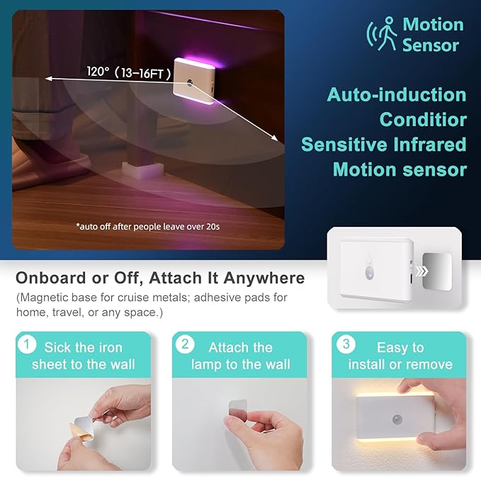 2-Pack Motion Sensor Night Light – Cruise Approved, Magnetic & Rechargeable with USB, RGB Color-Changing Modes, LED Auto Nightlight for Cabin, Bathroom, Hallway, Bed or Stairs (Indoor Travel Use)