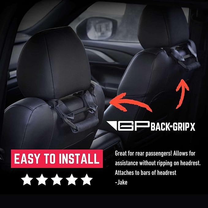 GPCA BackGrip X Heavy-Duty Headrest Grab Handle for Lifted Trucks & Jeeps, Rear Seat Entry Assist for Seniors & Kids Fits Vehicles with Pole-Style Headrests (Up to 16mm) Easy Install (2PC-Jet Black)