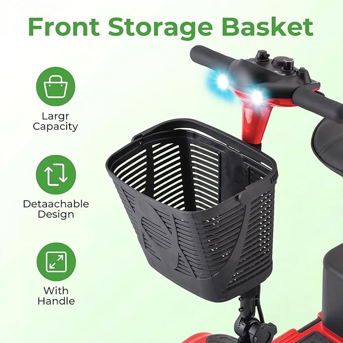 Mobility Scooter for Adults, 4 Wheels Lightweight Scooter, Foldable Mobility Scooter Long Range for Travel, Adults, Elderly, Supports 300 lbs, Powered Wheelchair with Charger & Basket (red red)