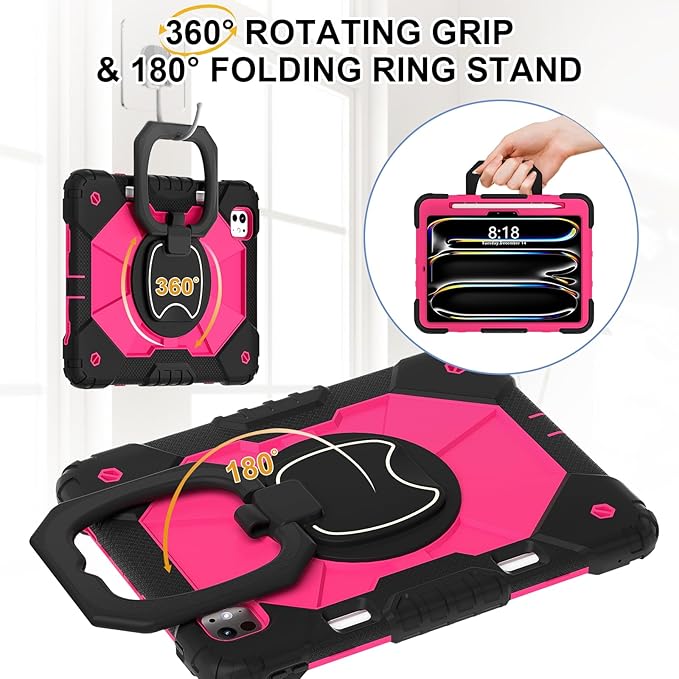 Dteck for iPad Pro 11 inch (M4/M5) 2024/2025 Release Shockproof Case with Shoulder Strap/Pencil Holder/Rotating Kickstand Handle, Heavy-Duty Sturdy Rugged Cover, Protective Tablet Shell, Black Rose