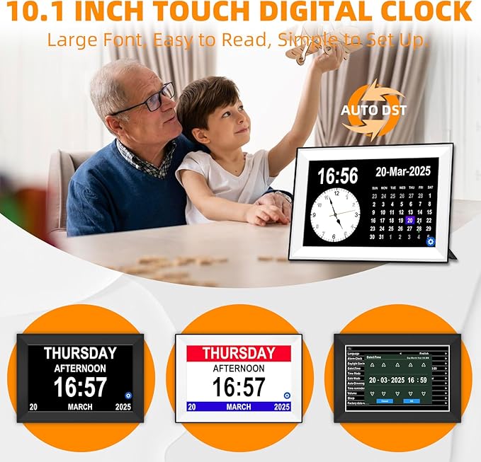 10.1" Touch Screen Digital Clock for Seniors with Date and Time for Elderly,Medicine Reminders,Dementia Alzheimers Clocks for Seniors, 64 Alarm 58 Reminders, Auto DST,Thanksgiving Gift (Black)