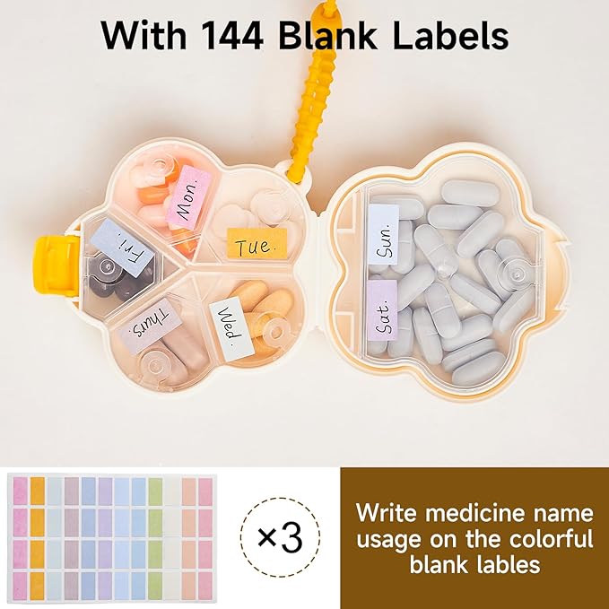 2 Pack Small Pill Organizer Travel Pill Case for Purse, 6 Compartment Pill Box with Stickers, Floral Smiley Weekly & Daily Vitamin Medication Organizer(Hot Pink)