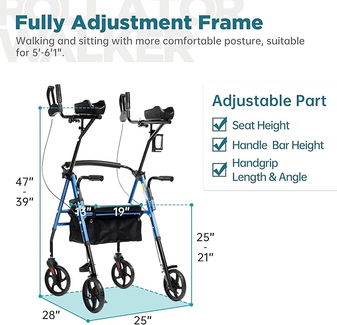 ELENKER Upright Walker, Stand Up Rollator Walker with Padded Seat and Backrest, Lightweight, Compact Folding, Fully Adjustment Frame for Seniors, Blue