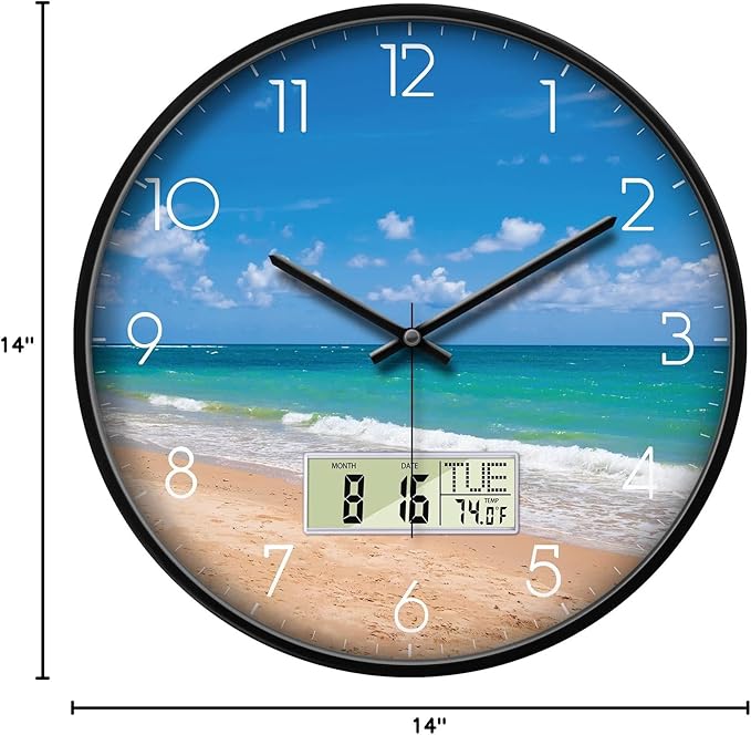 14'' Silent Non-Ticking Coastal Beach Wall Clock, Battery Operated Analog with LCD Date Day Temp Display, Modern Wall Clock for Living Room Bedroom Office Beach House Hotel Decor