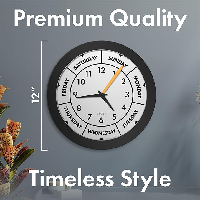 Time & Day of The Week Wall Clock with 12” Modern Black Frame – – Ideal Retirement Gift for Men and Women, Day Clock for Seniors and Retirees