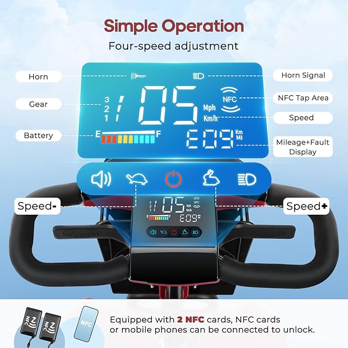NFC One-Touch Keyless Unlock 4-Wheel Foldable Mobility Scooter for Seniors & Adults, 15 Mile Range, 3.7 MPH, Removable Battery, Digital Display, 300 lb Capacity, Red