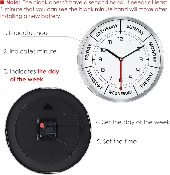 Lafocuse Silent Day of The Week Clocks for Mother, Retirement Clock for Seniors with Silver Metal Frame, Day Clock for Living Room Decor 12 Inch