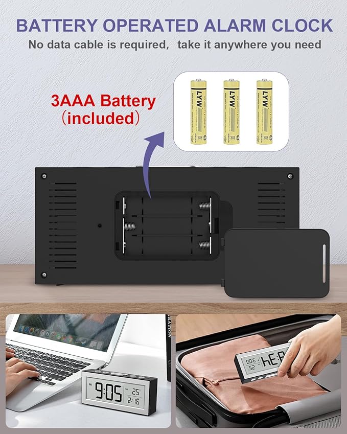 Battery Powered Alarm Clocks, Travel Alarm Clock with LCD Display, 12/24H, 5-Min Snooze, Bedside Clock with Auto Dimming Function and Working Mode, Suitable for Bedroom, Office, Travel