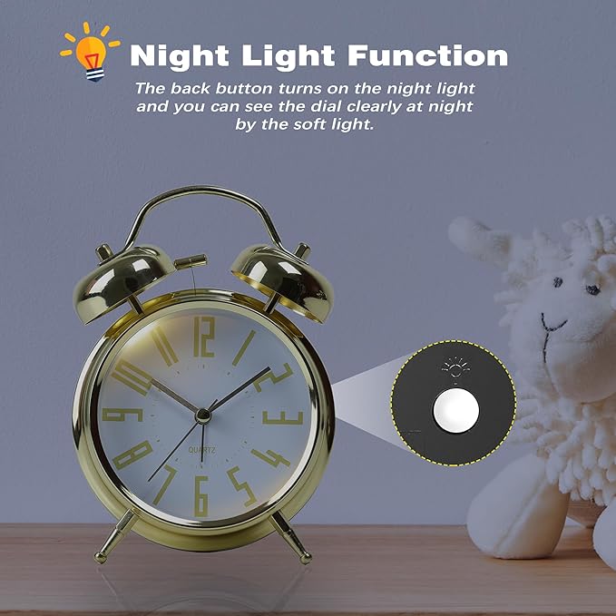 AYRELY Super Loud Alarm Clock for Heavy Sleepers Adults,Twin Bell Retro 4 Inch Silent Non-Ticking Quartz with Backlight, Metal dial, Alarm Clocks for Bedrooms Bedside (Gold-White)
