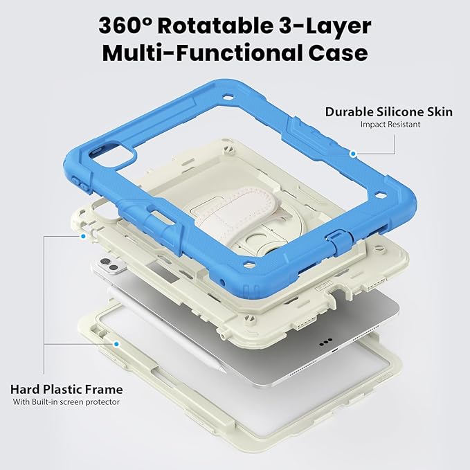 Dteck for iPad Pro 11 inch (M4/M5) 2024/2025 Release Shockproof Case with Screen Protector/Stylus Pencil Holder/Rotating Kickstand/Grip Hand Strap, Heavy Duty Protective Rugged Tablet Cover, Blue