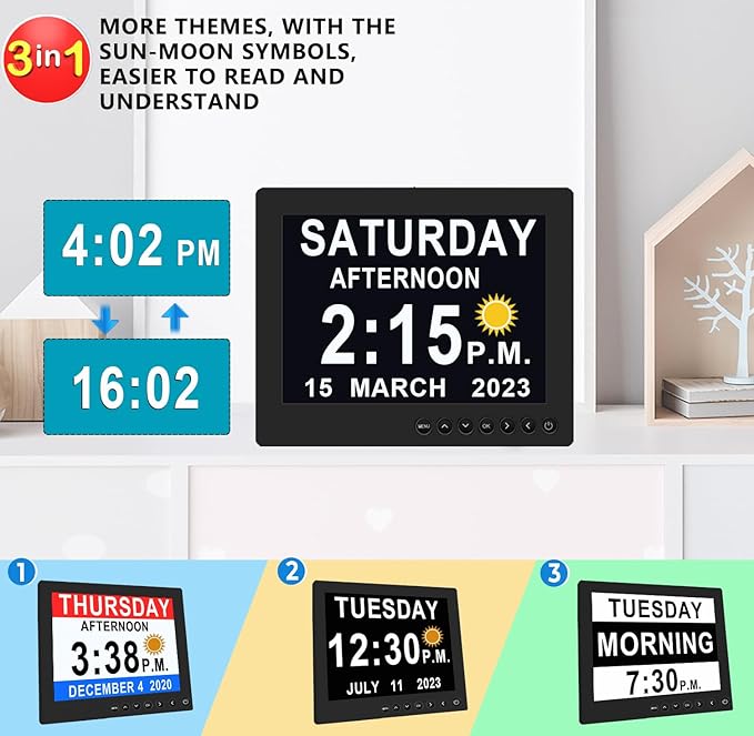 Véfaîî 26 Alarms Digital Clock Large with 1280 * 800P HD, Auto DST, Custom Reminders, 6 Display, 7 Color Modes, 10-Level Auto Dimmer, Clock for Seniors & Schoolkids-8 INCH with Remote