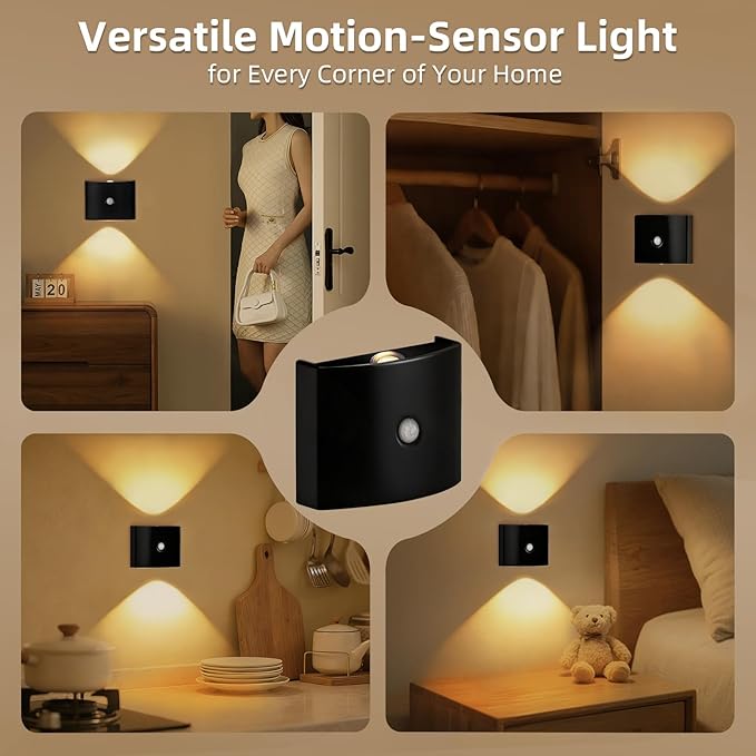 2 Pack Motion Sensor Wall Light, Rechargeable Wall Sconce with 3 Color Temperatures and Brightness Adjustable, Wireless Magnetic Mount for Bedroom, Stair, Hallway, Closet (1, Black)
