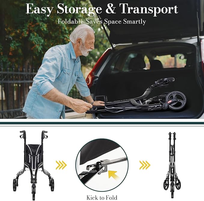 3 Wheel Walkers for Seniors, Lightweight Rollator Walkers Foldable for Elderly with Cane Hold and Cup Hold, Height Adjustable Aluminum Three Wheel Rolling Walker Mobility Aid, Black
