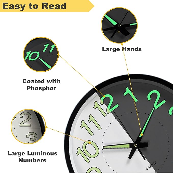 12 Inches Night Light Wall Clocks - with Silent Non-Ticking Glowing Function - Big Solid Numbers Easy to Read Both Day and Night (White/Black)