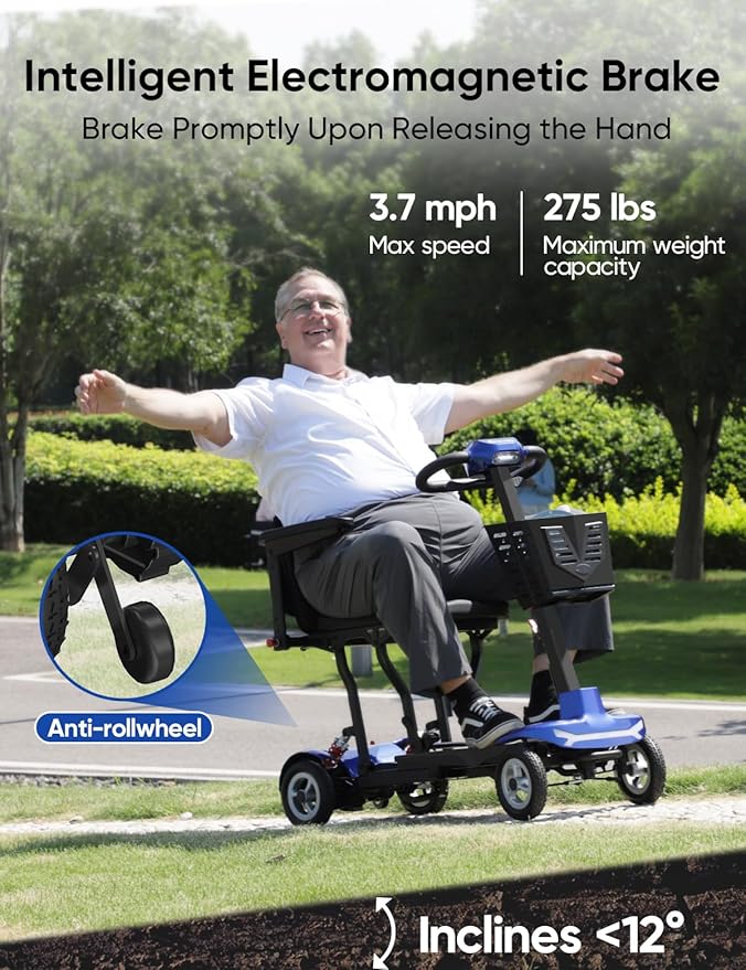 Mobility Scooter for Adults, Seniors - 37.5 lbs Ultra Lightweight Folding Mobility Scooters for Seniors Airport Approved, All Terrain 4 Wheel Motorized Scooter for Travel, 275 lbs Capacity, Blue