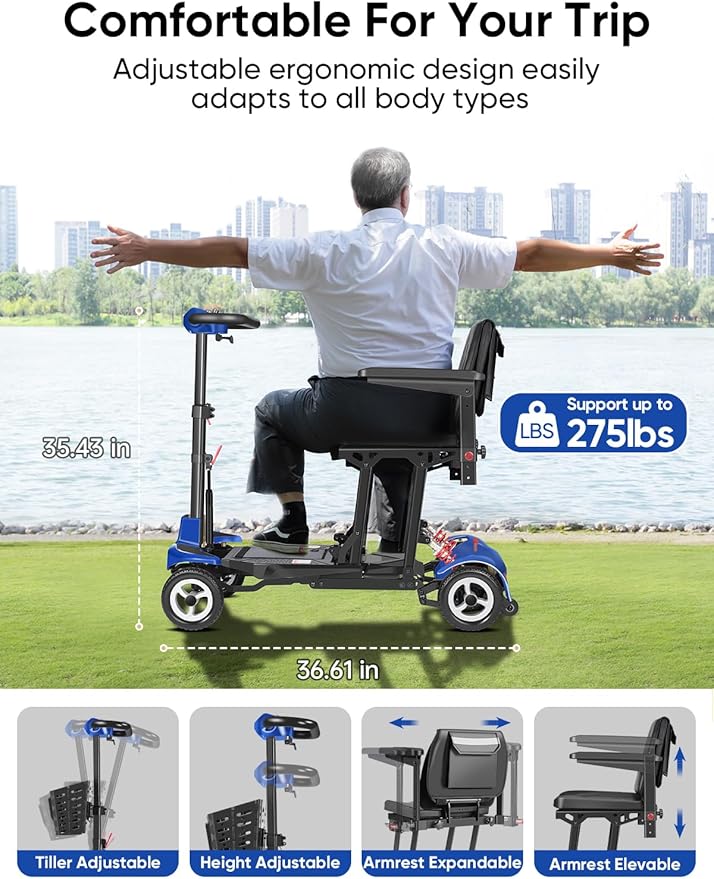 Mobility Scooter for Adults, Seniors - 37.5 lbs Ultra Lightweight Folding Mobility Scooters for Seniors Airport Approved, All Terrain 4 Wheel Motorized Scooter for Travel, 275 lbs Capacity, Blue