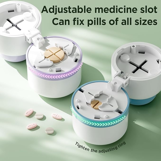 Pill Cutter 1/4 - Pill Splitter with Stainless Steel Blade for Cutting Small Pills or Large Pills in one Fourth, Suitable for Cuting Vitamins, Tablets (1-4 Purple)