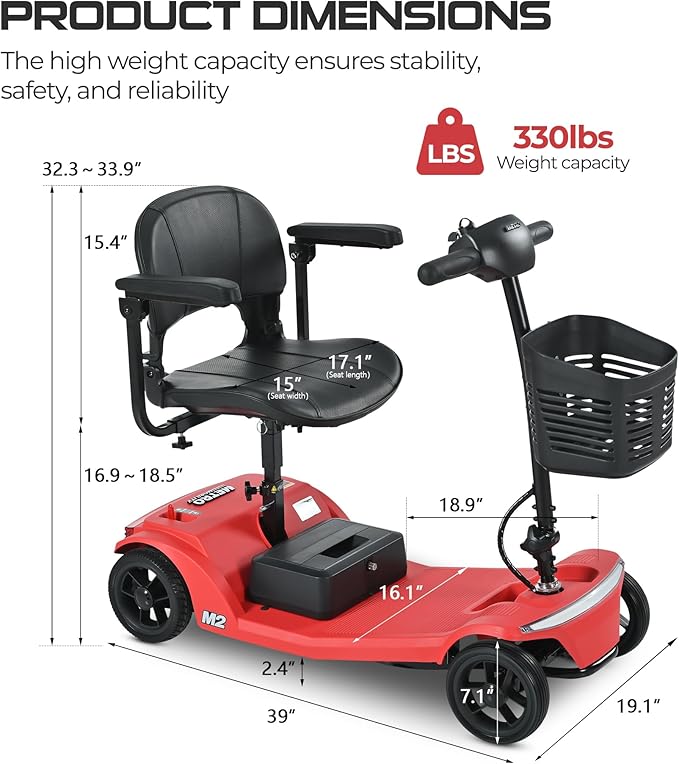 Metro Mobility 4 Wheel Foldable Mobility Scooters for Adults-330 lbs Capacity Powered Mobility Scooters, Mobility Scooter Lightweight, Electric Scooters for Seniors 20 Miles Range LED Light Red