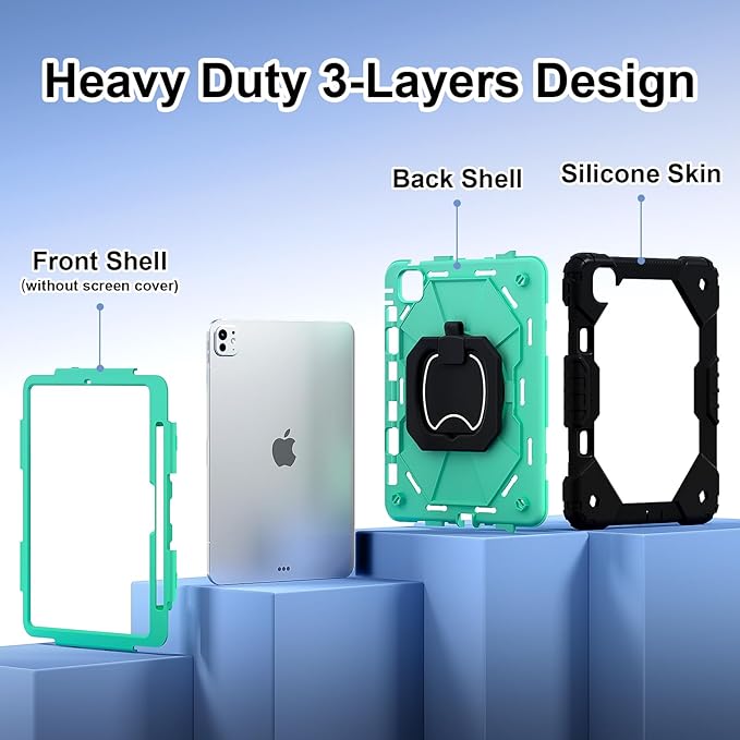 Dteck for iPad Pro 11 inch (M4/M5) 2024/2025 Release Shockproof Case with Shoulder Strap/Pencil Holder/Rotating Kickstand Handle, Heavy-Duty Sturdy Rugged Cover, Protective Tablet Shell, Black Mint