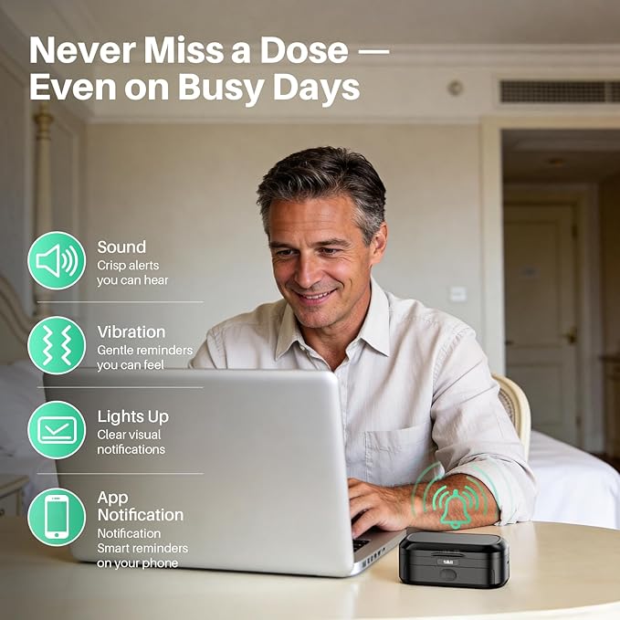 1Mii Smart Pill Dispenser with Alarm 5 Daily Reminders App Alerts Travel Pill Box with Bluetooth Headphones