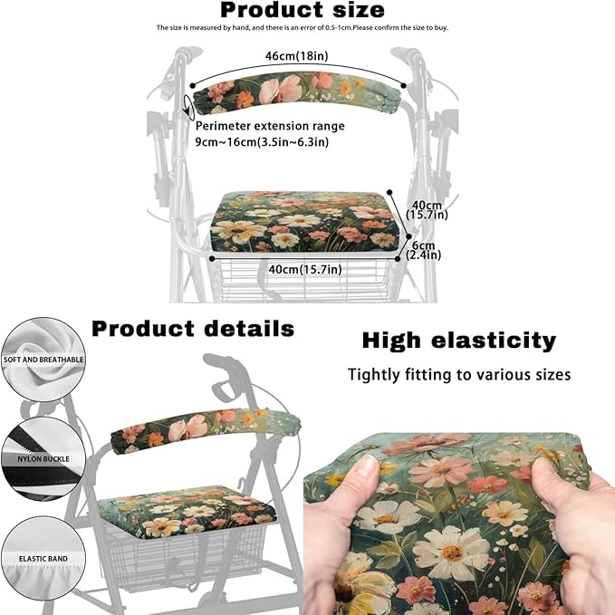 3 Pcs Sets Universal Fit Walker Seat Cover Rollator Walker Seat & Backrest Covers, Wildfloral Rollator Storage Under Seat Bag, Easy to Install Washable Reusable