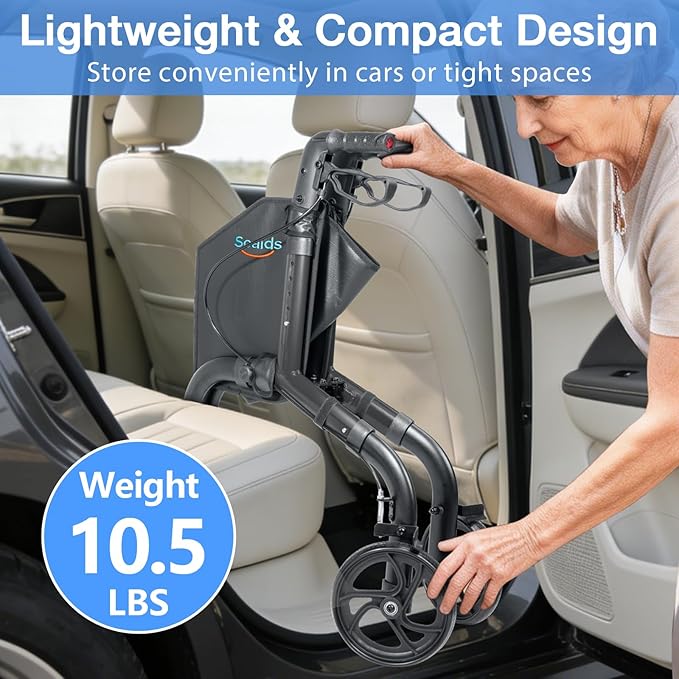 3 Wheel Walkers for Seniors with Bag and Hand Brakes, Lightweight Foldable Rollator with Swivel Front Wheel, Adjustable Height, Compact Mobility Aid for Elderly, Indoor Outdoor Use (Black)