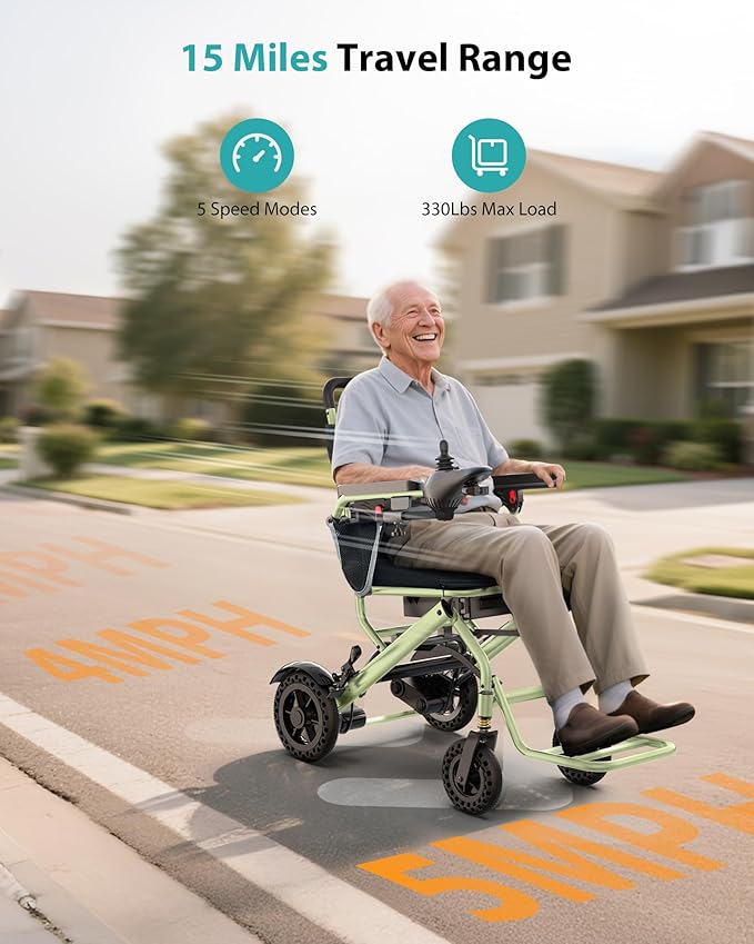 33 lb Lightweight Electric Wheelchairs for Adults & Seniors, 15 Miles Range Portable Foldable Motorized Wheelchairs, 360W All Terrain Power Wheelchair, 330 lb Capacity, w/Bonus Cane & Lock