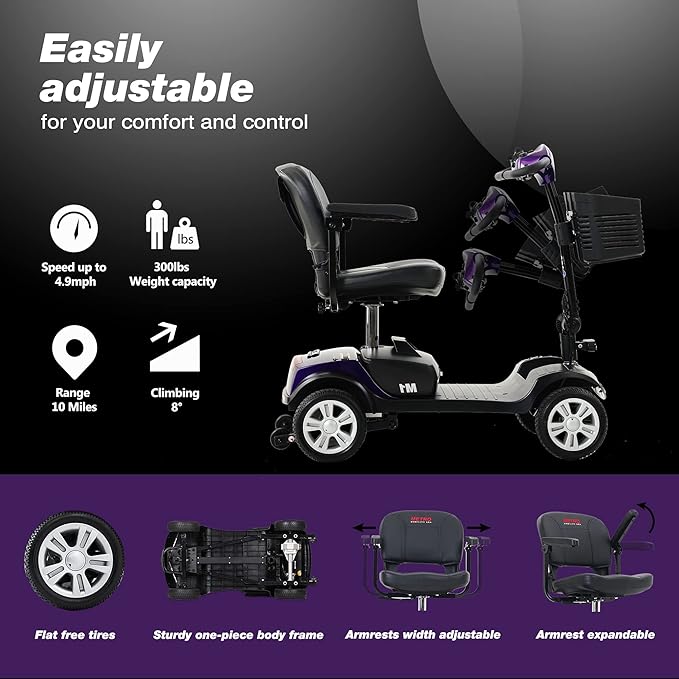4 Wheel Metro Mobility Scooter for Adults-Motorized Scooter for Seniors-300 lbs Max Weight Capacity-Long Range and Removable Battery-300W Powerful Motor-M1 Purple