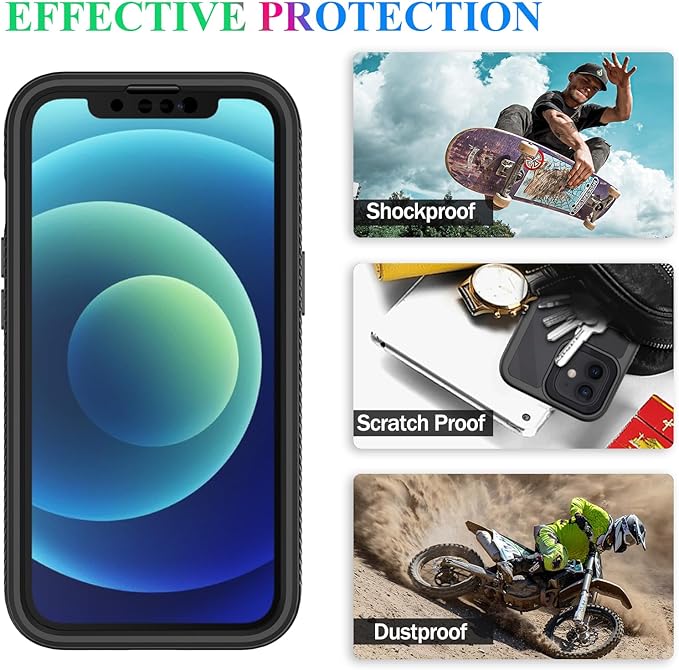 wahhle Compatible with iPhone 12/12 Pro Case, Built in Screen Protector Full Body Shockproof Slim Fit Bumper Protective Phone Cover 6.1'' Men Women-Black/Clear