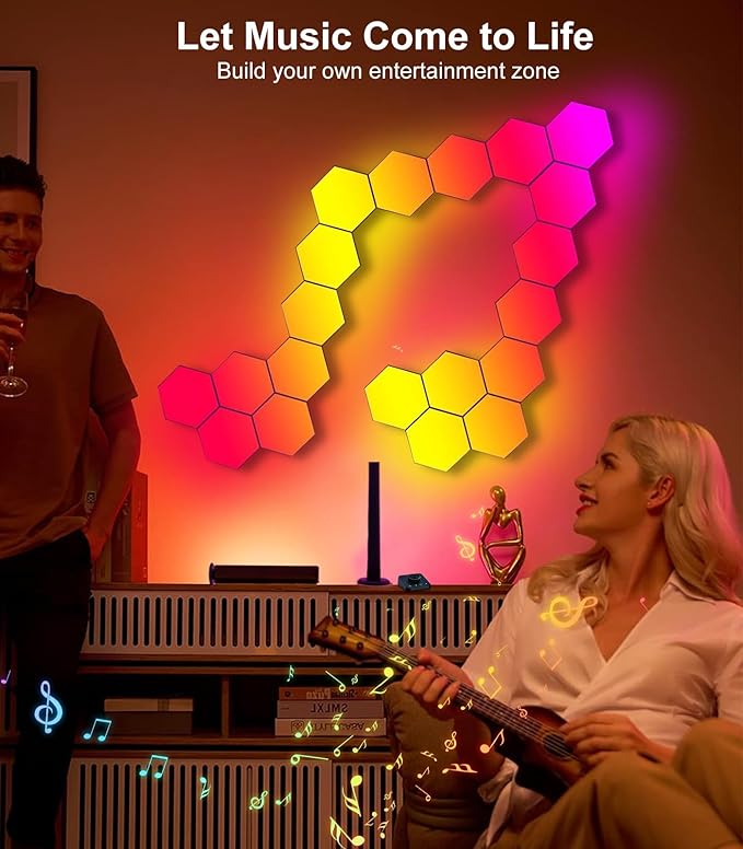 Hexagon LED Lights for Gaming Room 14 DIY Panels Voice App Control Music Sync Wall Decor