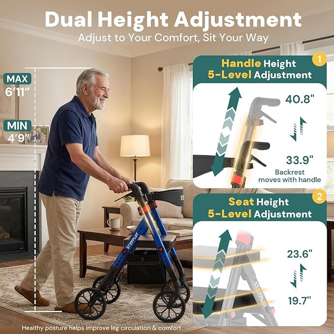 Bariatric Rollator Walker with Seat for Seniors, 500lb Capacity Aluminum Frame, Zero Wobble, 16lb Lightweight, 8" All Terrain Wheels, 10-Level Adjustable Handle/Seat, Cup Holder, Cane Clip