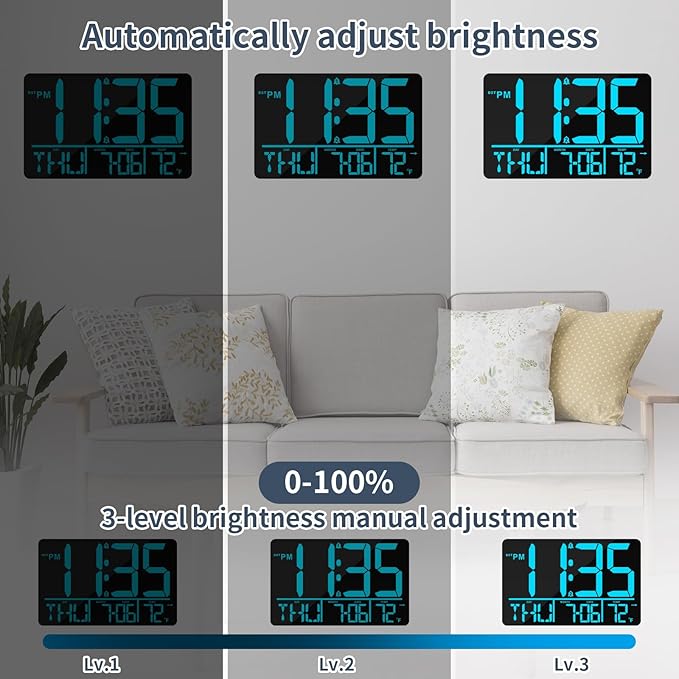 PERSUPER 13" Digital Wall Clock Large Display with Remote, 25 Ringtones, Temperature, Calendar, 0-100% Auto or Custom Brightness, 12/24H, DST, Timer, for Living Room, Kitchen, Bedroom, Elderly（Blue）