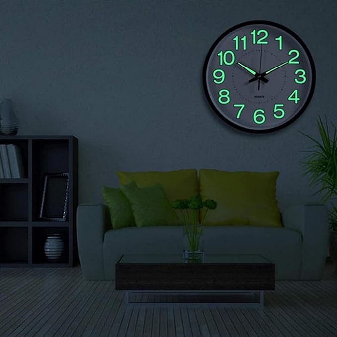12 Inches Night Light Wall Clocks - with Silent Non-Ticking Glowing Function - Big Solid Numbers Easy to Read Both Day and Night (White/Black)