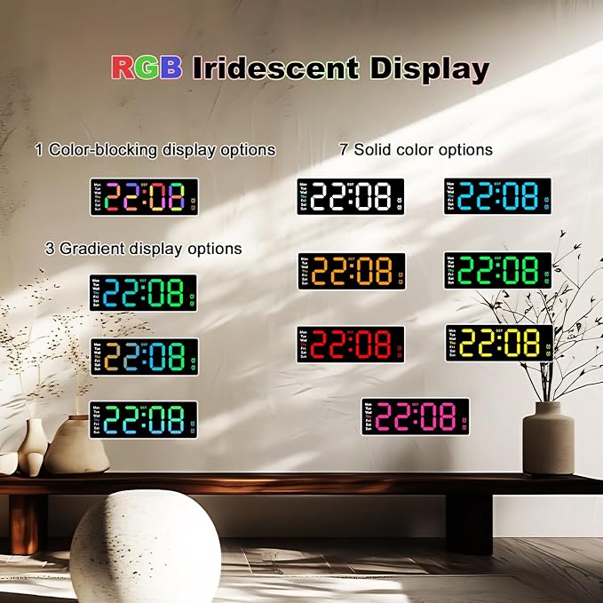 11-Inch LED Wall Clock with RGB Flowing Light, Large Digital Display for Date, Time, Temperature｜Easy to Read, Dual Alarms, Remote Control｜Modern Décor for Home, Kitchen, Living Room, Office, Yoga