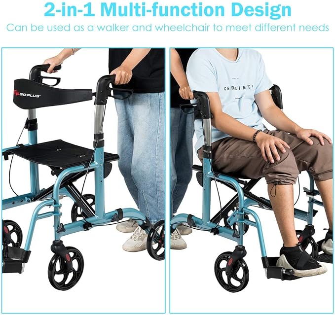 GOPLUS 2 in 1 Rollator Walkers for Seniors, Folding Rollator Walker with Seat, 8-inch Wheel Medical Drive Walker Wheelchair Combo with Backrest, Adjustable Handle for Adults, Aluminium Frame