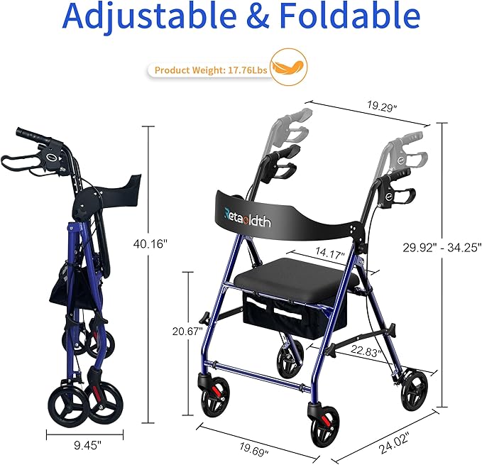 Rollator Walkers for Seniors with Seat, Foldable & One-Hand Carry, Upgraded Rolling Walker with Seat for Seniors, Handles Height Adjustable Rolling Walker for Seniors, Walking & Seated Rest, Blue