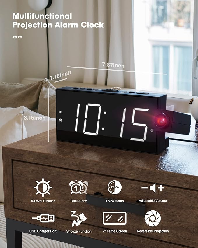 OnLyee Ceiling Projection Alarm Clock, 7" Large Display Digital Clock for Bedroom with USB Charger, 180° Rotatable Projector, Loud Alarm, Snooze, DST, 12/24H Dimmer – for Kids Adults Elders