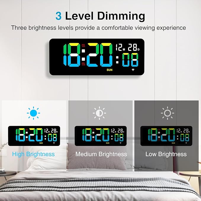 XREXS 12.2 Inch Digital Wall Clock WiFi Sync with Remote Control, Large LED Screen with Time/Calendar/Seconds Display, Count Up & Down Timer, 2 Alarm Clock for Home, Office and Classroom