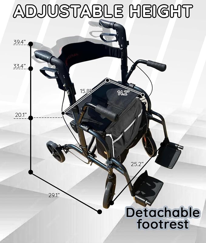 2 in 1 All Terrain Rolling Walker with Seat and Brakes, Foldable, Lightweight, for Seniors & Adults - Adjustable Height & Detachable Footrest Included (Dark Gray)