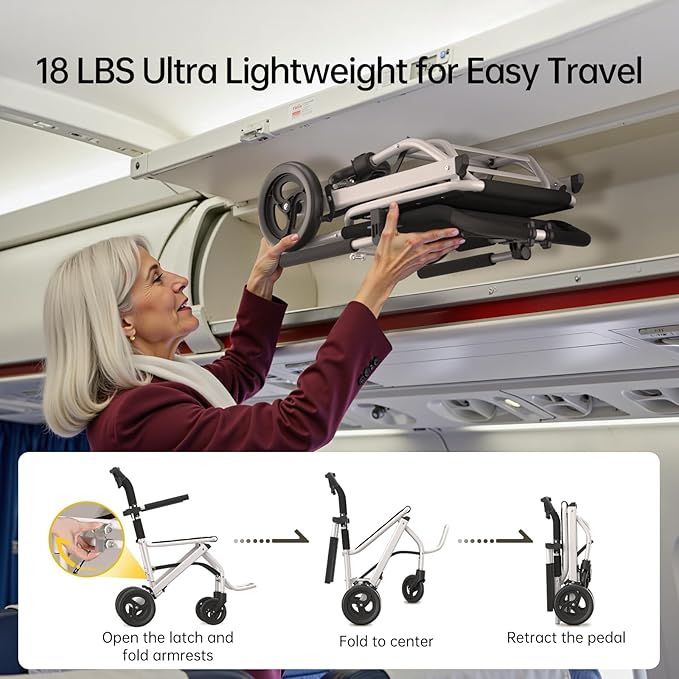 18lbs Ultra-Lightweight Wheelchair, Foldable Transport Wheelchair for Seniors & Adults with Handbrake, Easy Portable Travel Wheel Chair with Padded Seat & Storage Bag, Supports 220lbs No Installation